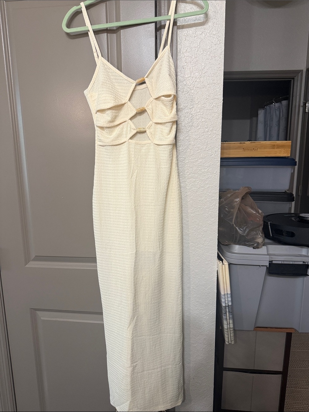 SHEIN Cream Maxi Dress with Front Cutouts and Spaghetti Straps
